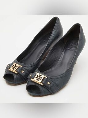 Tory Burch Sz 6.5 Black Leather Peep Toe Wedge Pumps